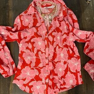 Zara Floral Red and Pink Button Up Shirt